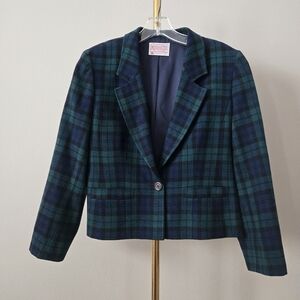 Pendleton Vintage Black Green Navy Plaid Blazer Size 8 Petite